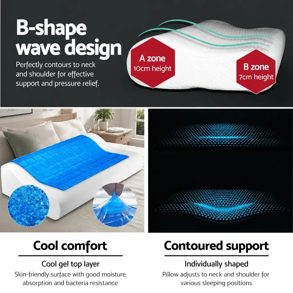Memory Foam Contour Pillow Cool Gel Top Neck Support Twin Pack 50cm x 30cm x 10cm White