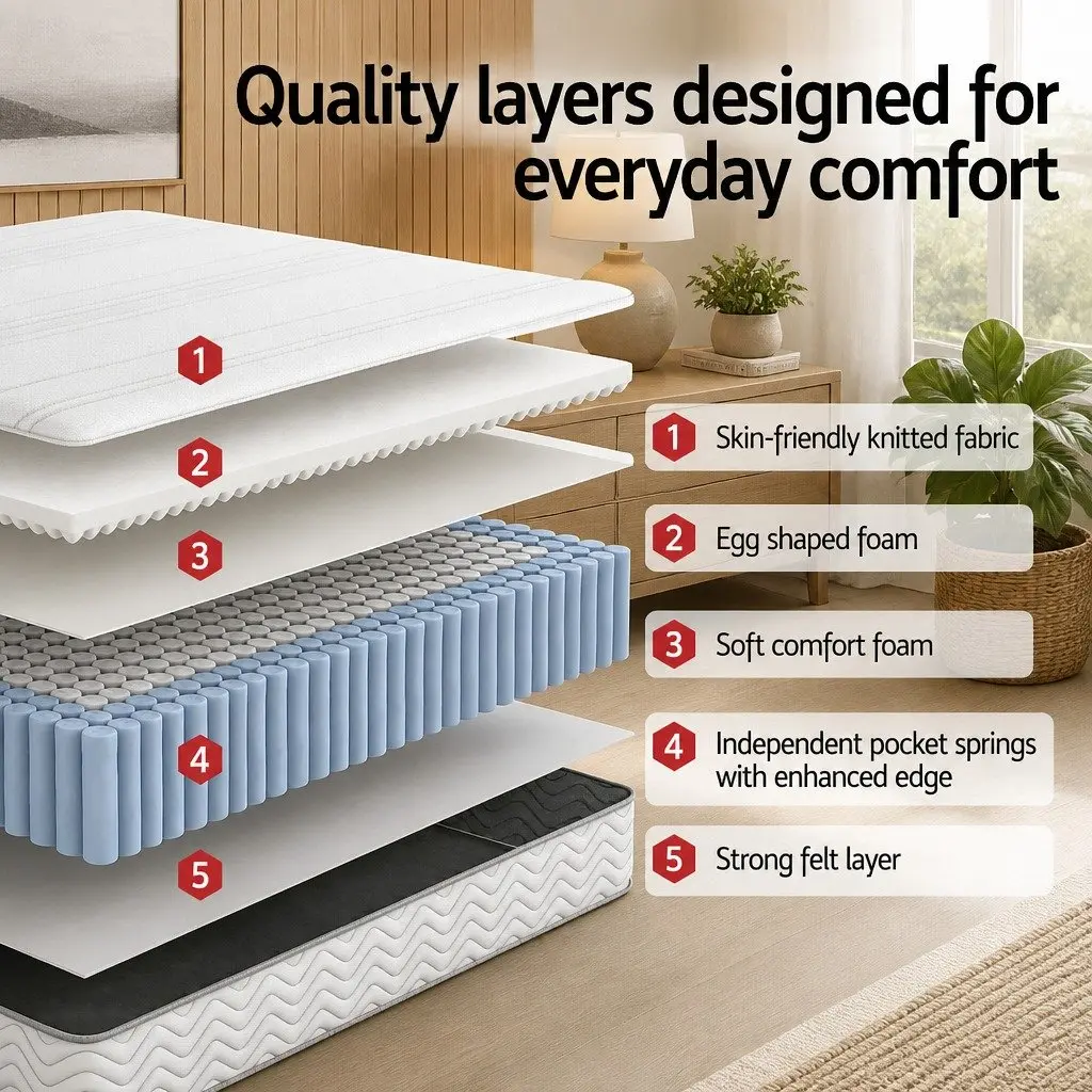 Queen Mattress 20cm Medium-Firm Egg-Crate Foam Pocket Spring Reinforced Edge