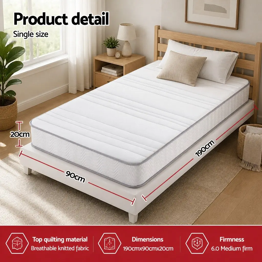 Single Mattress Medium Firm 90cm x 190cm Pocket Spring Egg-Crate Foam White Tight Top