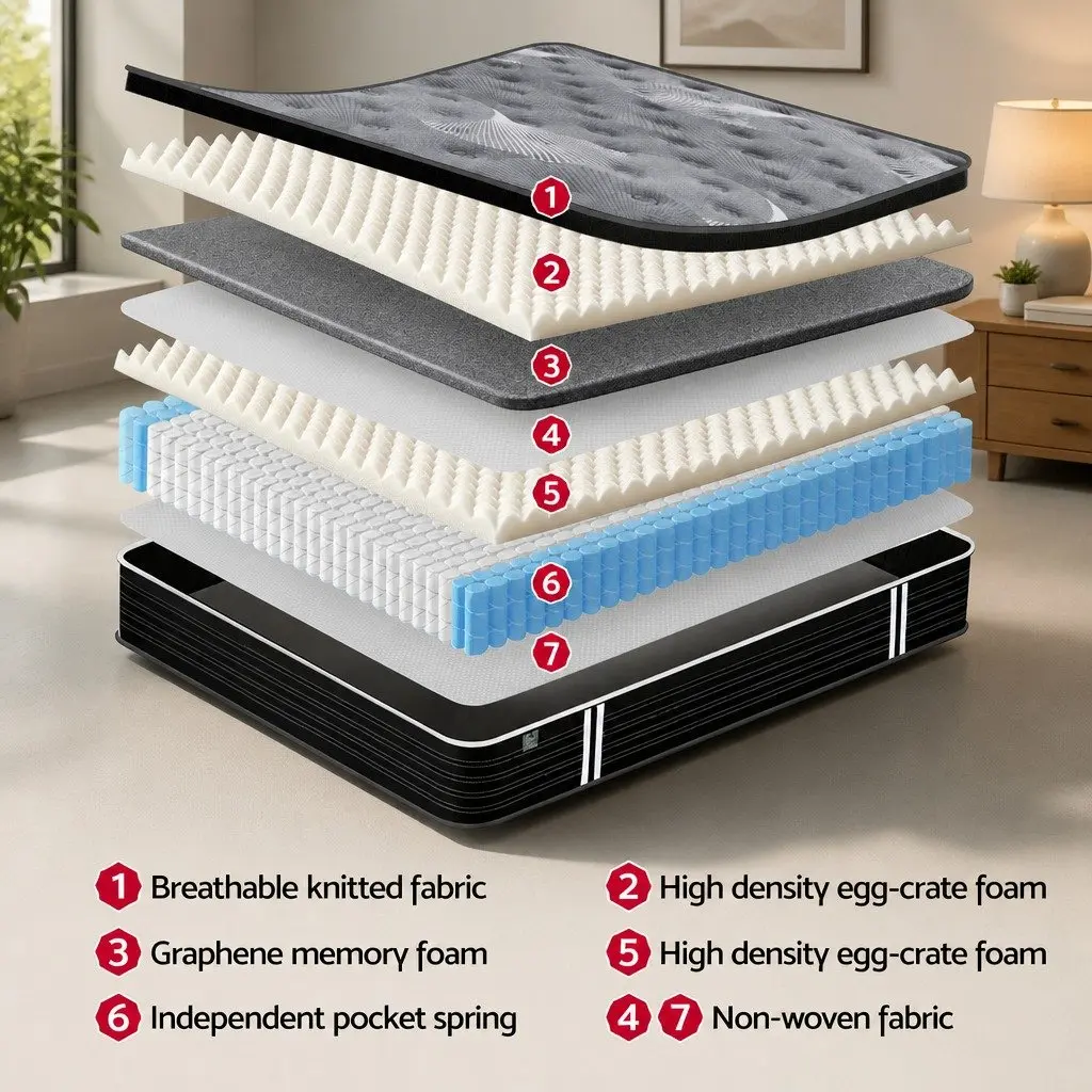 King Single Mattress Graphene Memory Foam 35cm Euro Top Medium Firm