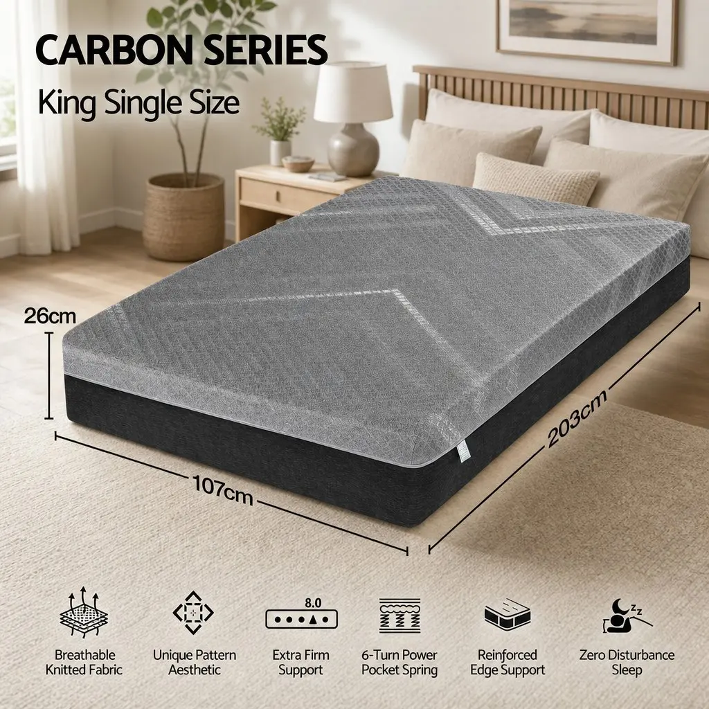 King Single Mattress Firm 26cm Pocket Spring Dual Edge Support Grey Breathable