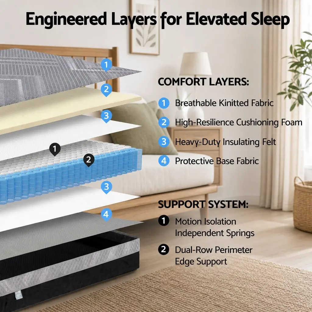 Double Mattress Grey Breathable 26cm Firm Pocket Spring Dual Edge Support
