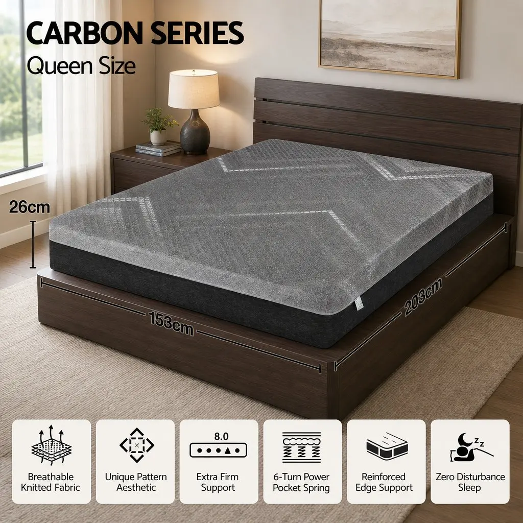 Queen Mattress Firm Pocket Spring 26cm Dual Edge Support Dark Grey Breathable