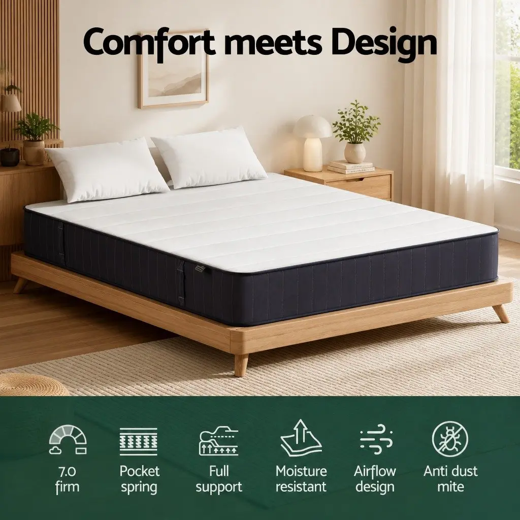 Double Mattress 20cm Pocket Spring Tight Top Firm Support White Grey