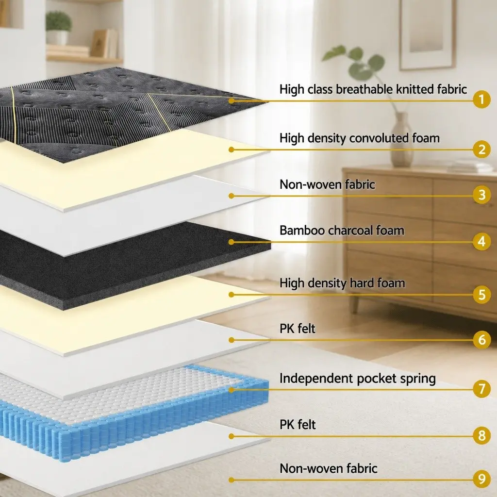 King Single Mattress Hybrid 35cm Pocket Spring Bamboo Charcoal Foam Medium Firm