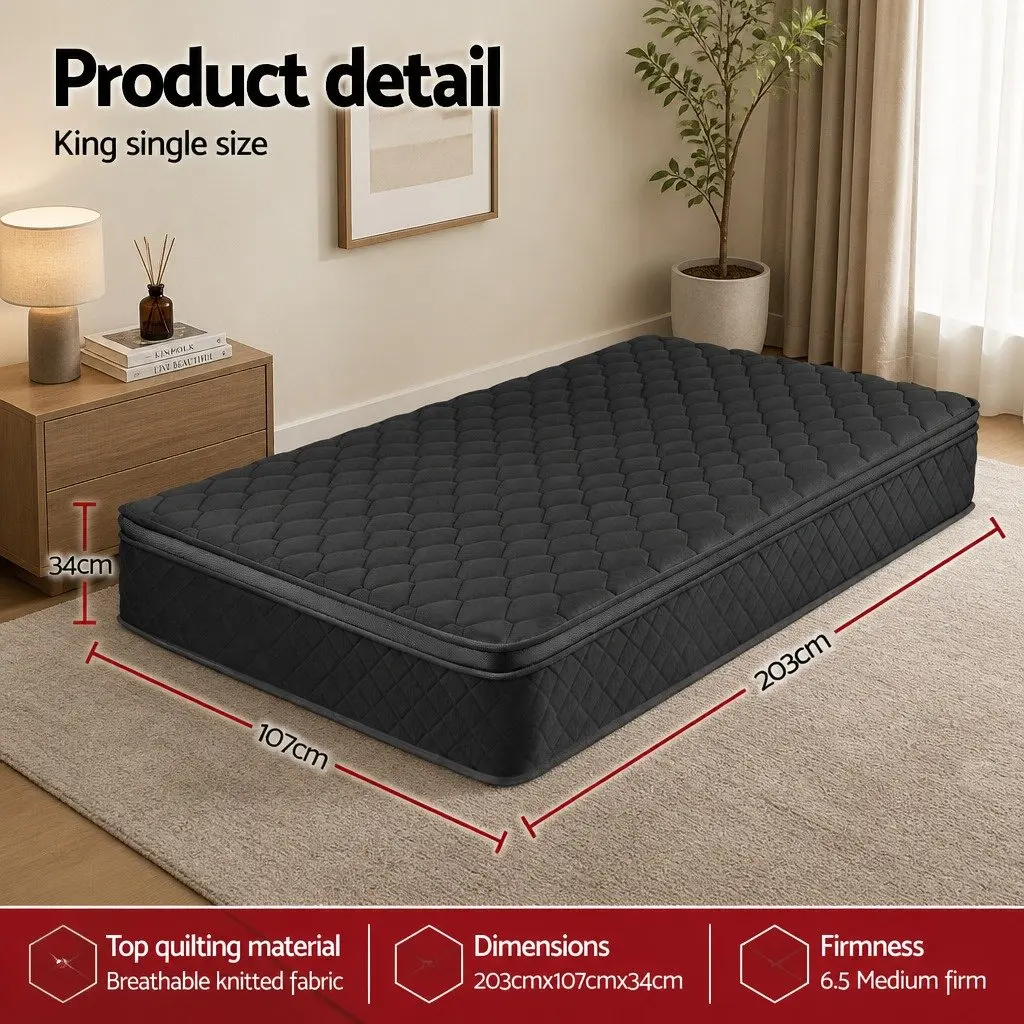King Single Mattress 34cm Euro Top 5-Zone Pocket Spring Black Medium Firm