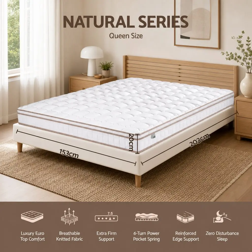 Queen Mattress Firm 20cm Pocket Spring Breathable White Sleep Support