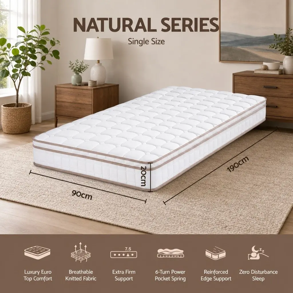 Single Mattress Firm Pocket Spring 20cm Euro Top White