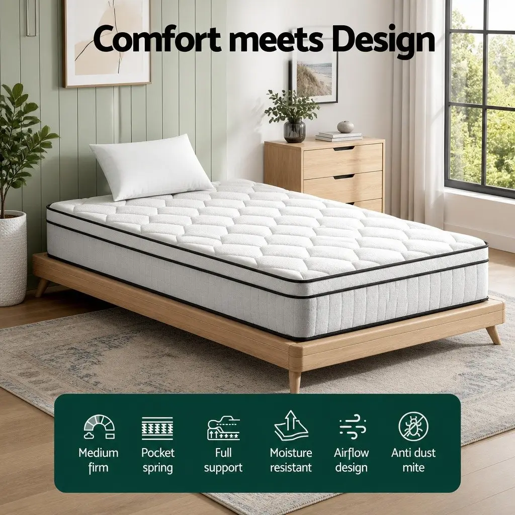 Single Mattress Euro Top 22cm Medium Firm Pocket Spring White