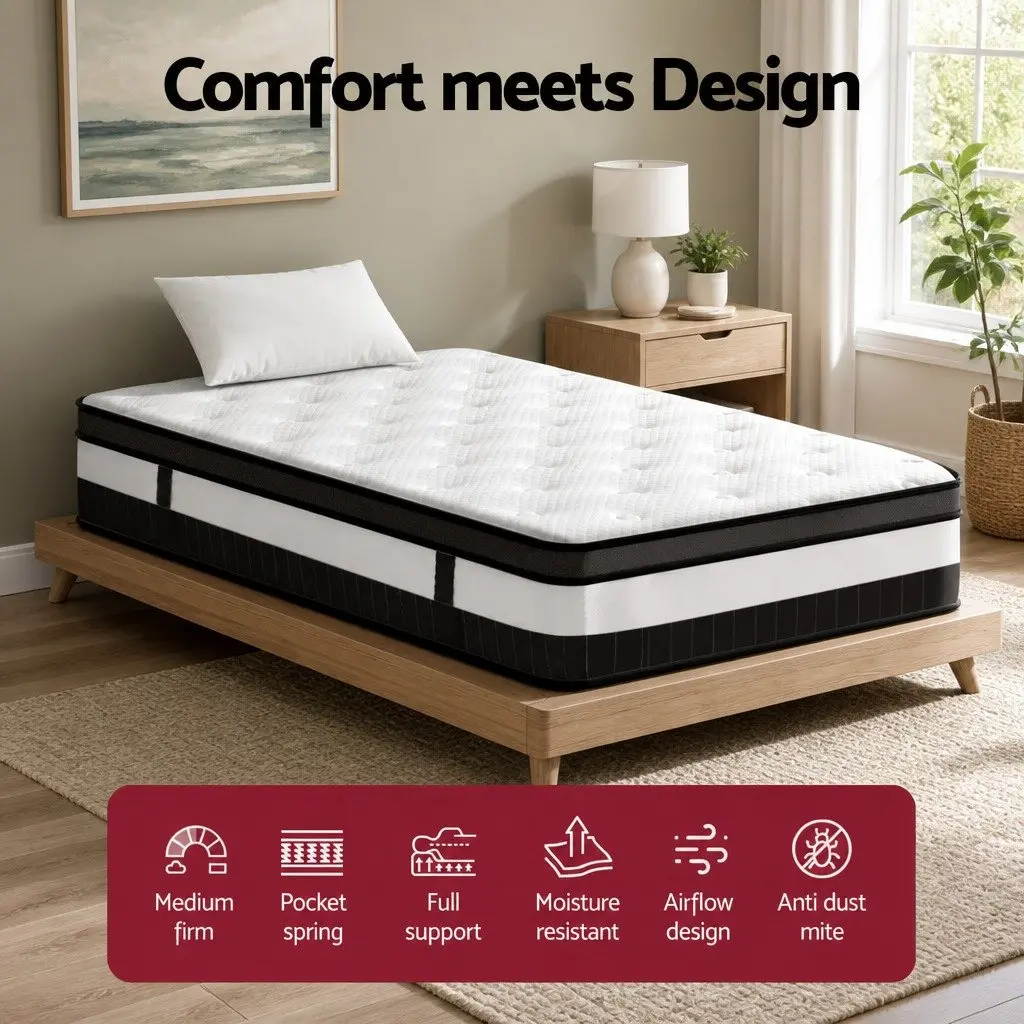 King Single Mattress Medium Firm 30cm Thick Euro Top Pocket Spring