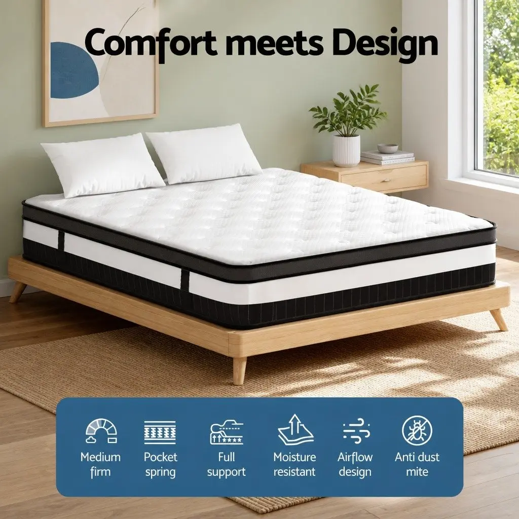 Double Mattress 30cm White Euro Top Pocket Spring Medium-Firm Support