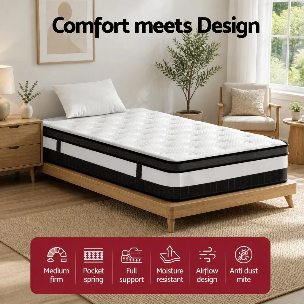 Single Mattress Medium-Firm 30cm Euro Top Pocket Spring Pressure Relief