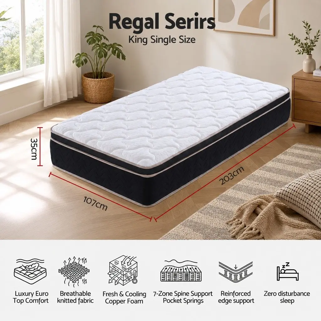 King Single Mattress 35cm Firm Copper Memory Foam 7-Zone Pocket Spring Edge