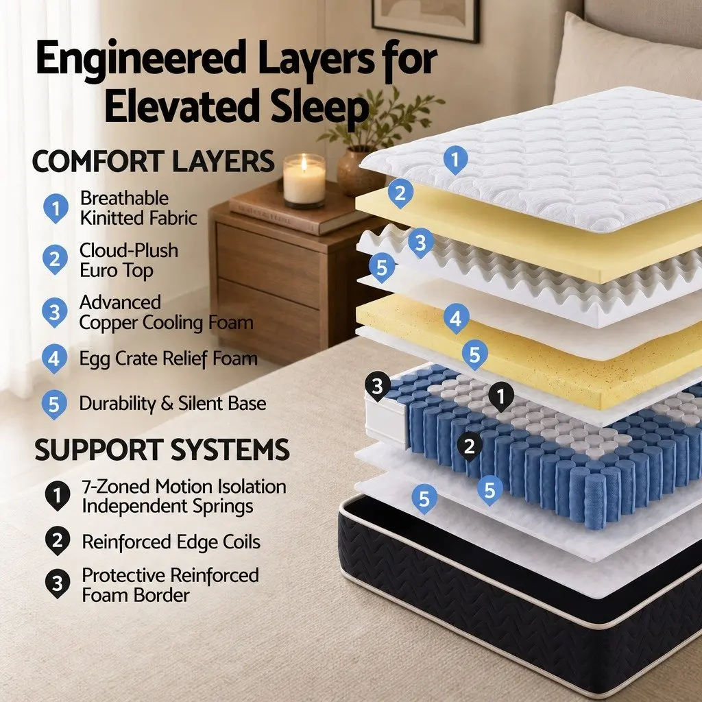 King Single Mattress 35cm Firm Copper Memory Foam 7-Zone Pocket Spring Edge