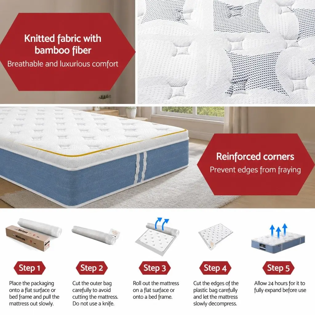 King Single Mattress Euro Top Bamboo Fibre 25cm Medium Firm Pocket Spring Support