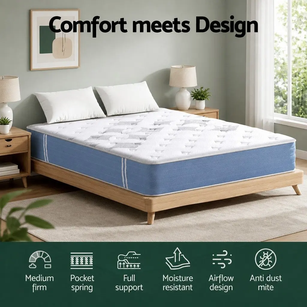 Double Mattress Euro Top 25cm Pocket Spring Medium Firm Breathable Bamboo Fibre