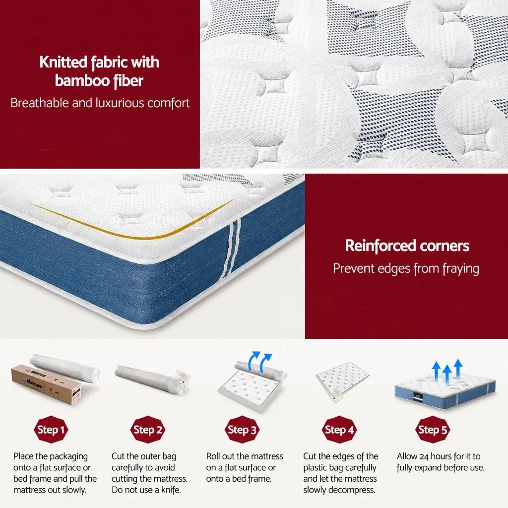 Double Mattress Euro Top 25cm Pocket Spring Medium Firm Breathable Bamboo Fibre