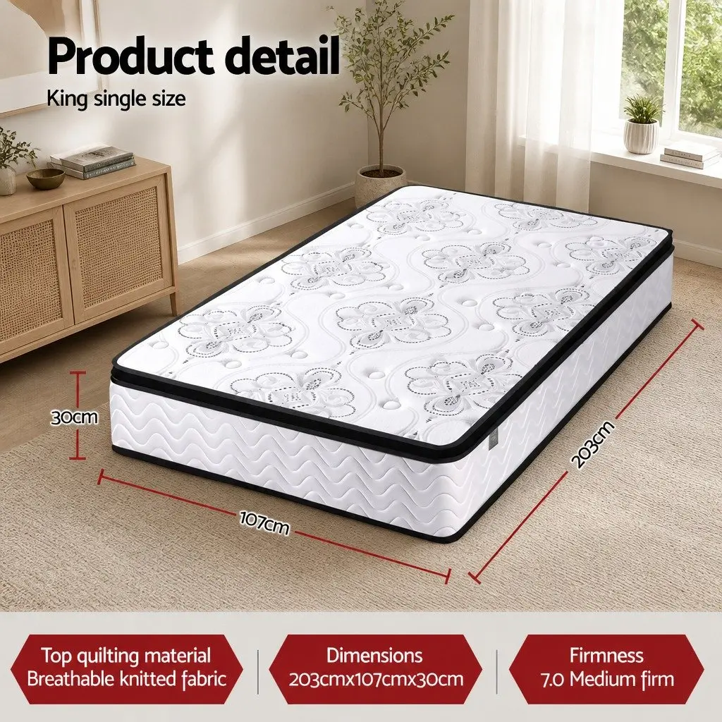 King Single Mattress Pocket Spring Euro Top 30cm Medium Firm Foam Breathable