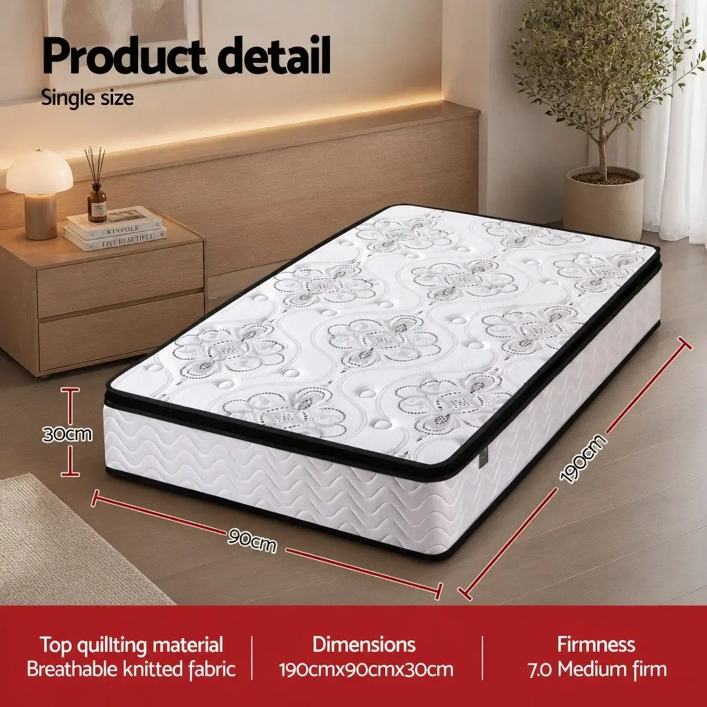 Single Mattress 30cm Pocket Spring Euro Top Medium Firm Foam Breathable Knitted