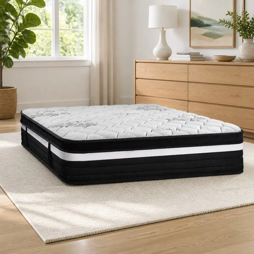 Queen Mattress Pocket Spring 28cm Extra Firm Grey White Euro Top