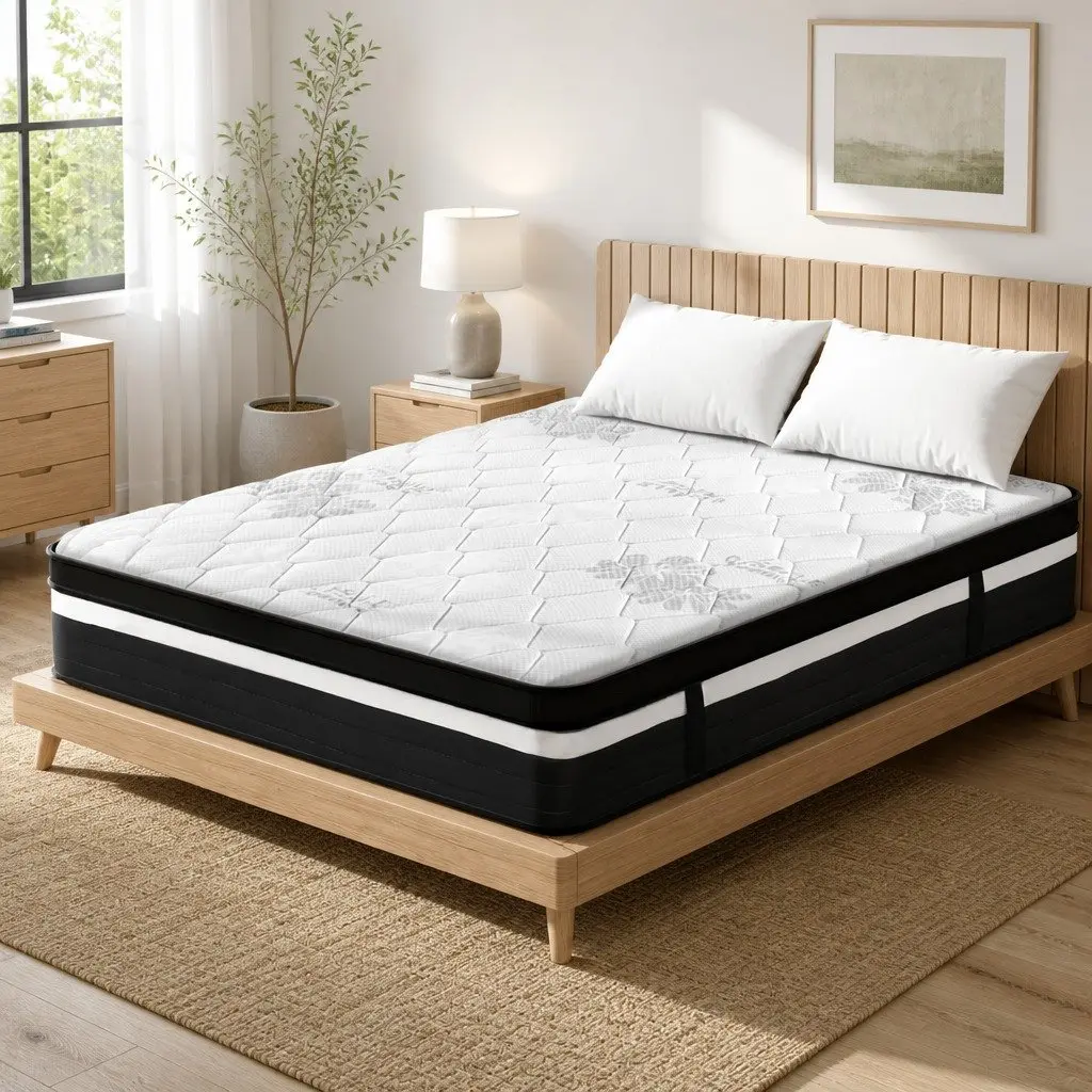 Queen Mattress Pocket Spring 28cm Extra Firm Grey White Euro Top