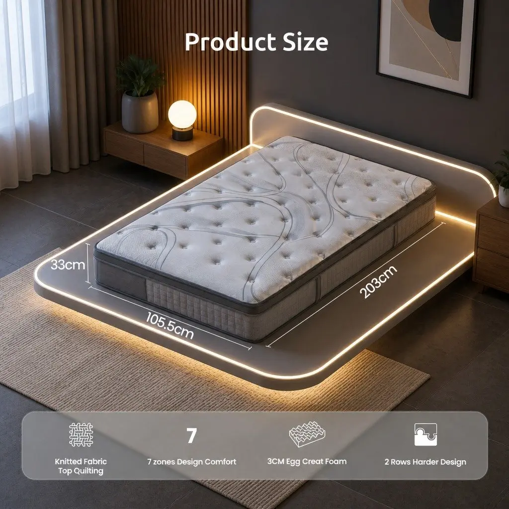 King Single Mattress 33cm 8.0 Extra Firm 7-Zone Pocket Spring Dual-Row Edge