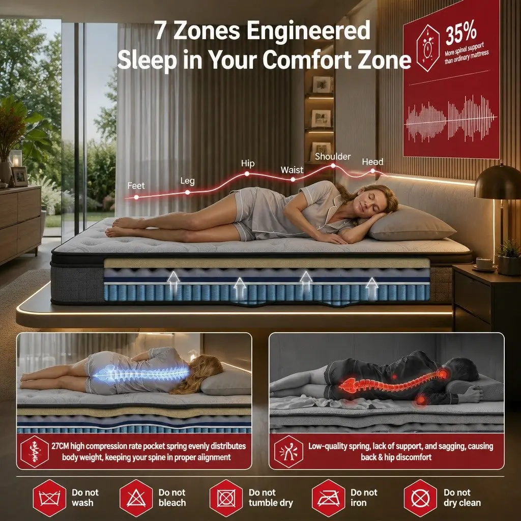 King Single Mattress 33cm 8.0 Extra Firm 7-Zone Pocket Spring Dual-Row Edge