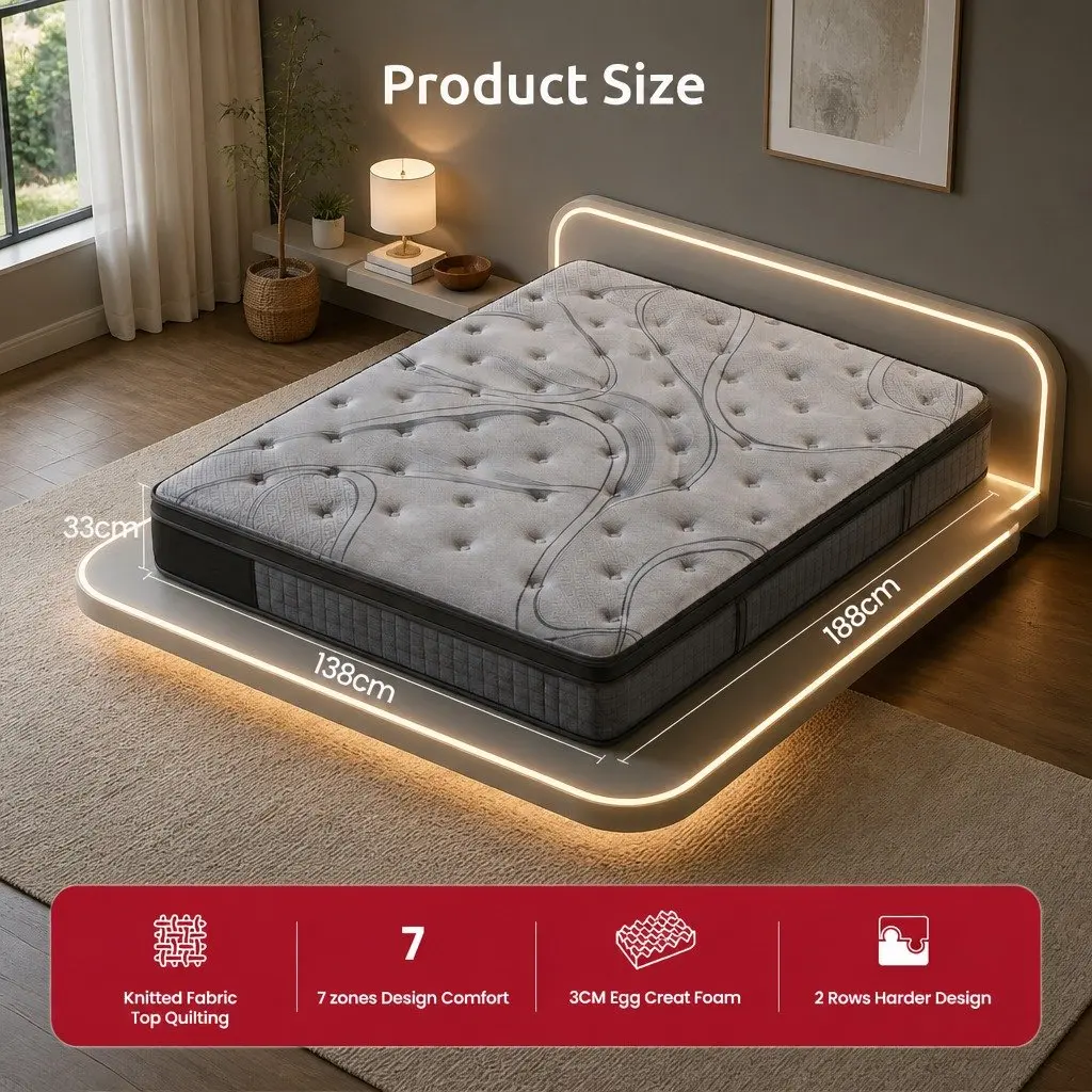 Double Mattress 33cm 7-Zone Pocket Spring 8.0 Extra Firm Dual-Row Edge Support