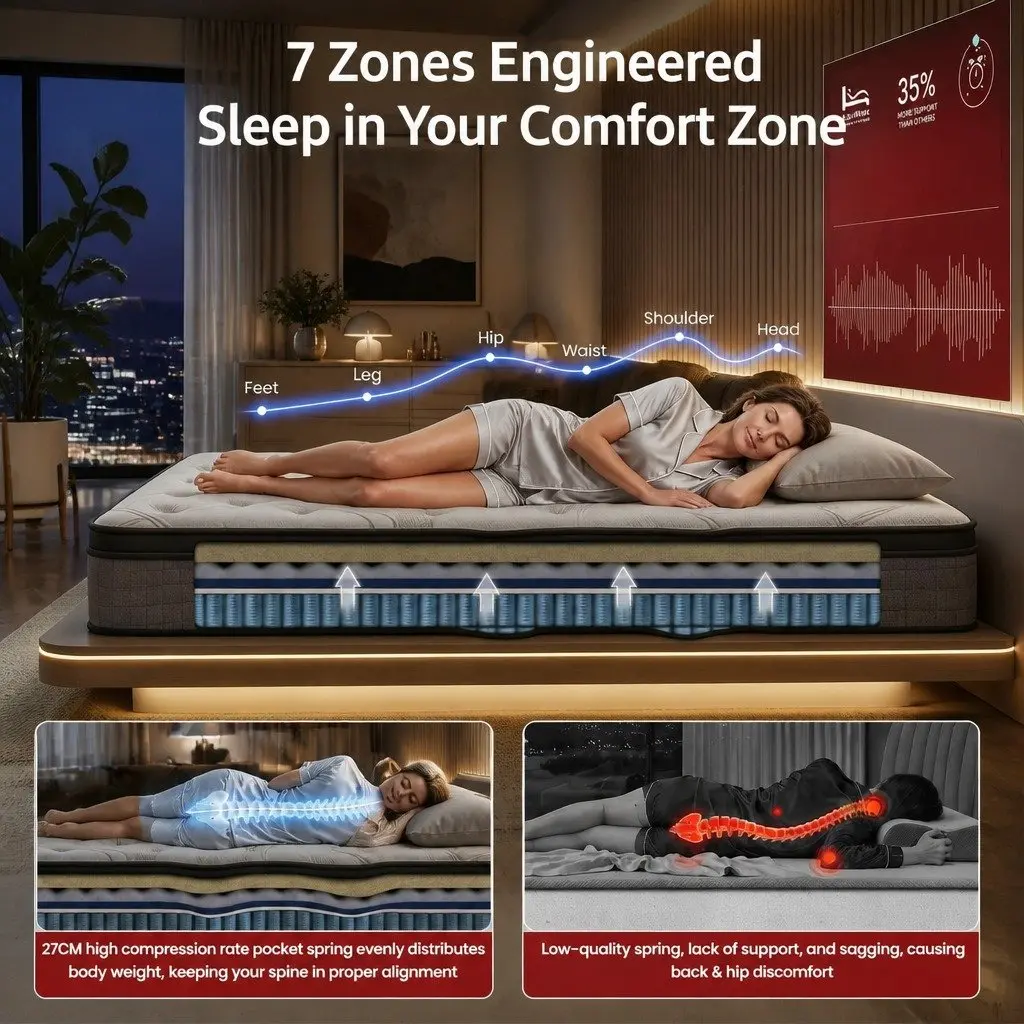 Double Mattress 33cm 7-Zone Pocket Spring 8.0 Extra Firm Dual-Row Edge Support