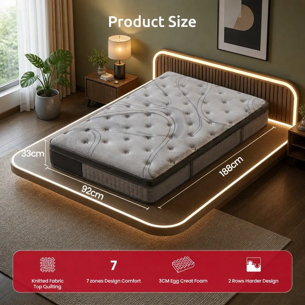 Single Mattress 33cm 7-Zone Pocket Spring 8.0 Extra Firm Dual-Row Edge Support