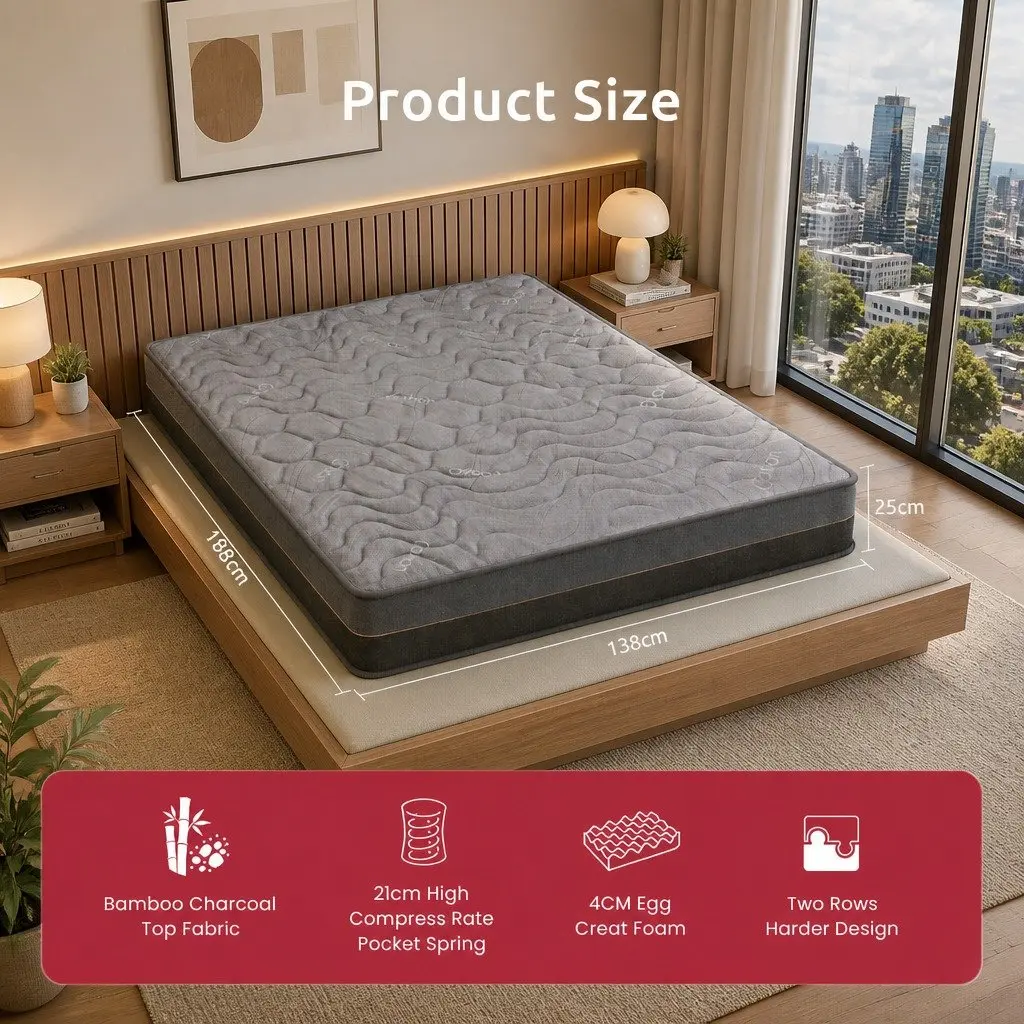 Double Mattress 25cm Hybrid Pocket Spring Egg Crate Foam Bamboo Charcoal Fabric