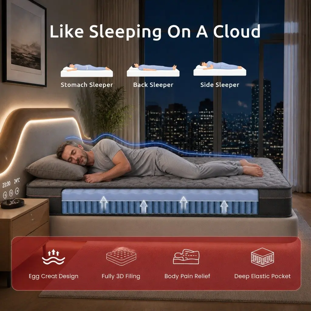 King Size Mattress Hybrid Pocket Spring 25cm with Egg Crate Foam and Bamboo Charcoal