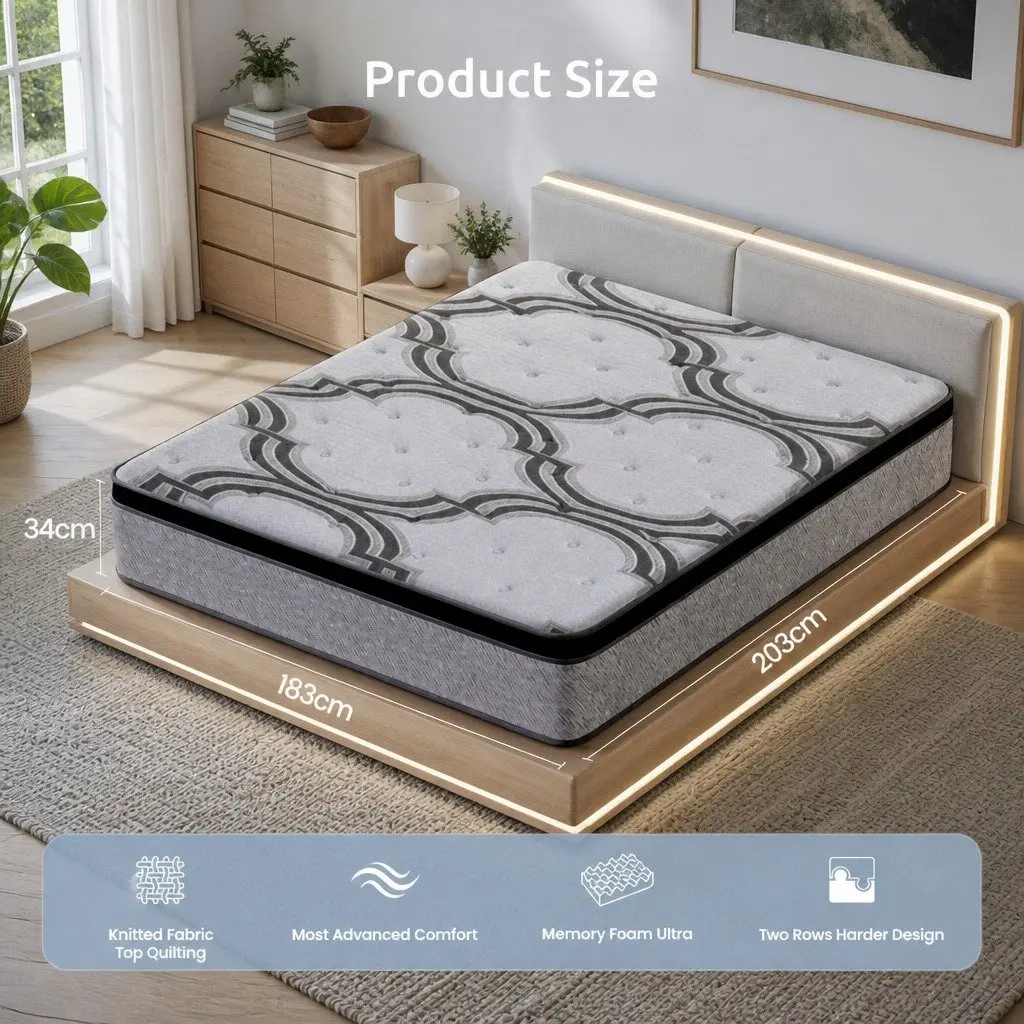 King Size Mattress 34cm Extra Firm Pocket Spring 5-Zone Support Memory Foam