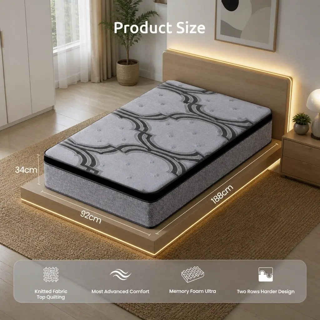 Single Mattress 34cm 5-Zone Pocket Spring Memory Foam Latex Extra Firm Support