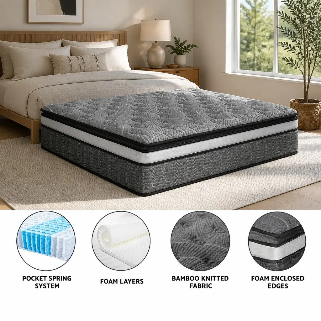 King Size Mattress 34cm Double Layer Pocket Spring Medium Firm Bamboo