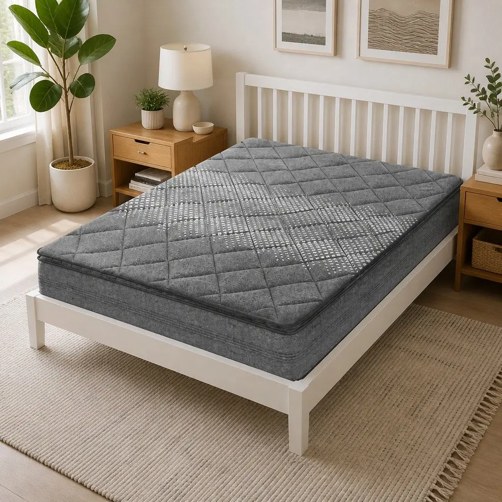 Double Mattress 18cm Pillow Top Medium Firm Support Grey Quilted Fabric Coil