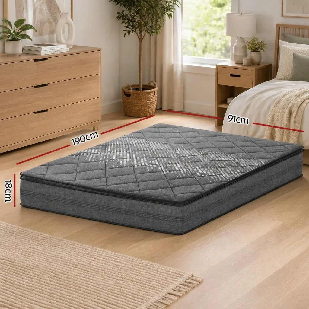Single Mattress Grey Quilted 18cm Pillow Top Medium Firm Support