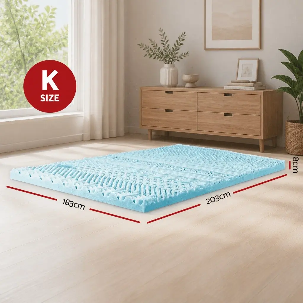 Memory Foam Mattress Topper 11-Zone 8cm King Bed Support Comfort Blue