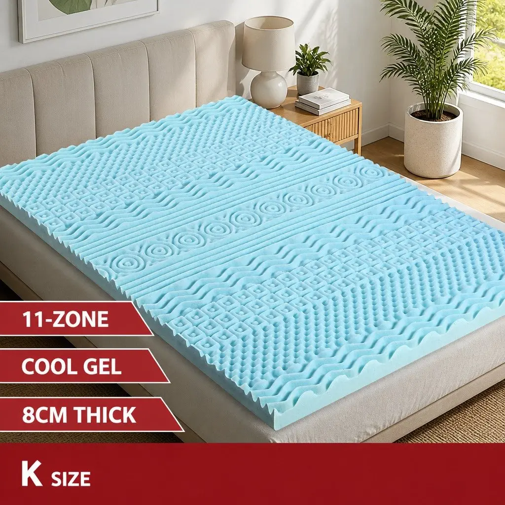 Memory Foam Mattress Topper 11-Zone 8cm King Bed Support Comfort Blue