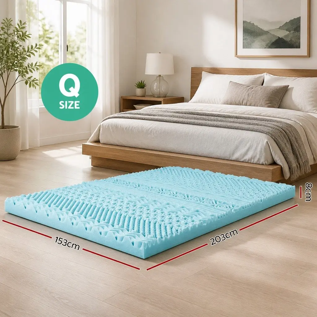 Memory Foam Mattress Topper 11-Zone Contoured 8cm Queen Blue