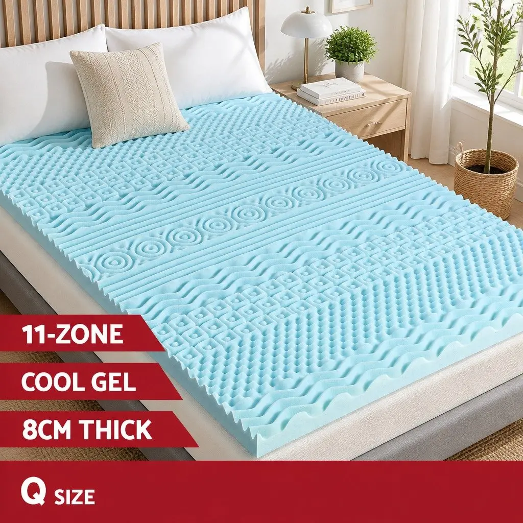Memory Foam Mattress Topper 11-Zone Contoured 8cm Queen Blue