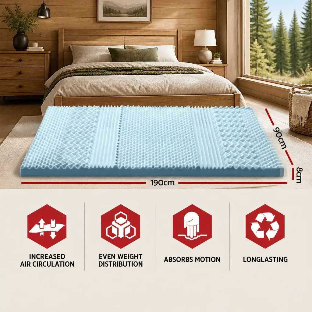 Memory Foam Mattress Topper 8cm Thick 7-Zone Contoured Support Single