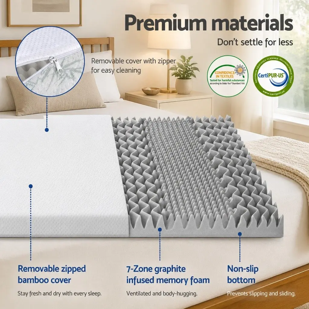 Memory Foam Mattress Topper 8cm Double Bed 7-Zone Graphite Support Contoured