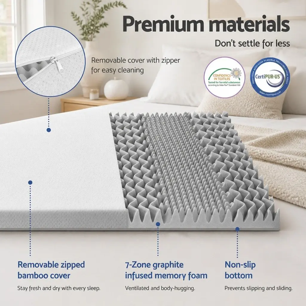 Memory Foam Mattress Topper 8cm King Bed 7-Zone Graphite Grey Removable Cover