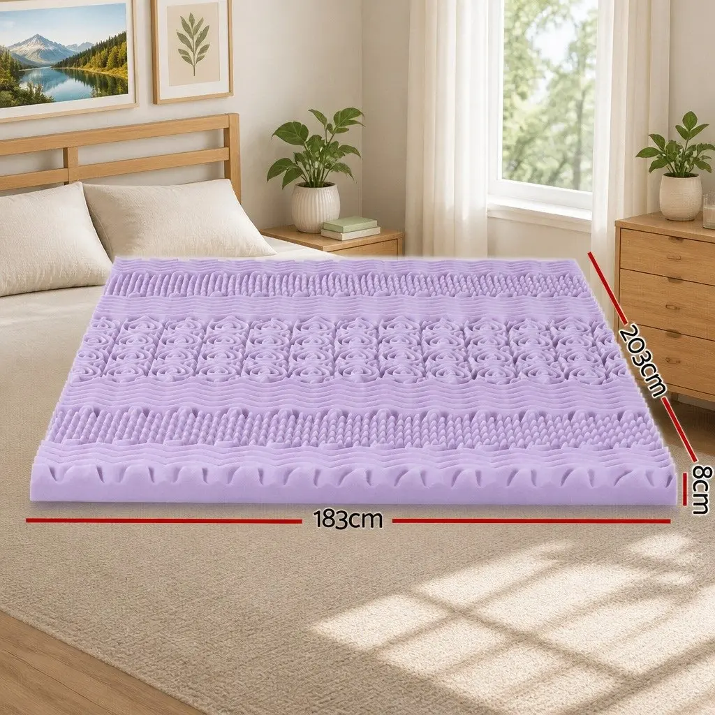 Memory Foam Mattress Topper 8cm King Lavender Bamboo Cover 7-Zone Support