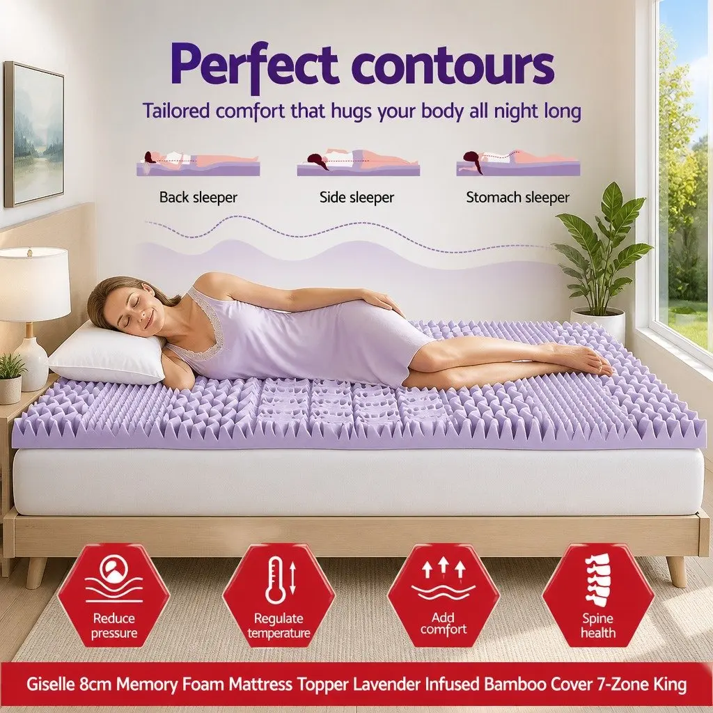 Memory Foam Mattress Topper 8cm King Lavender Bamboo Cover 7-Zone Support