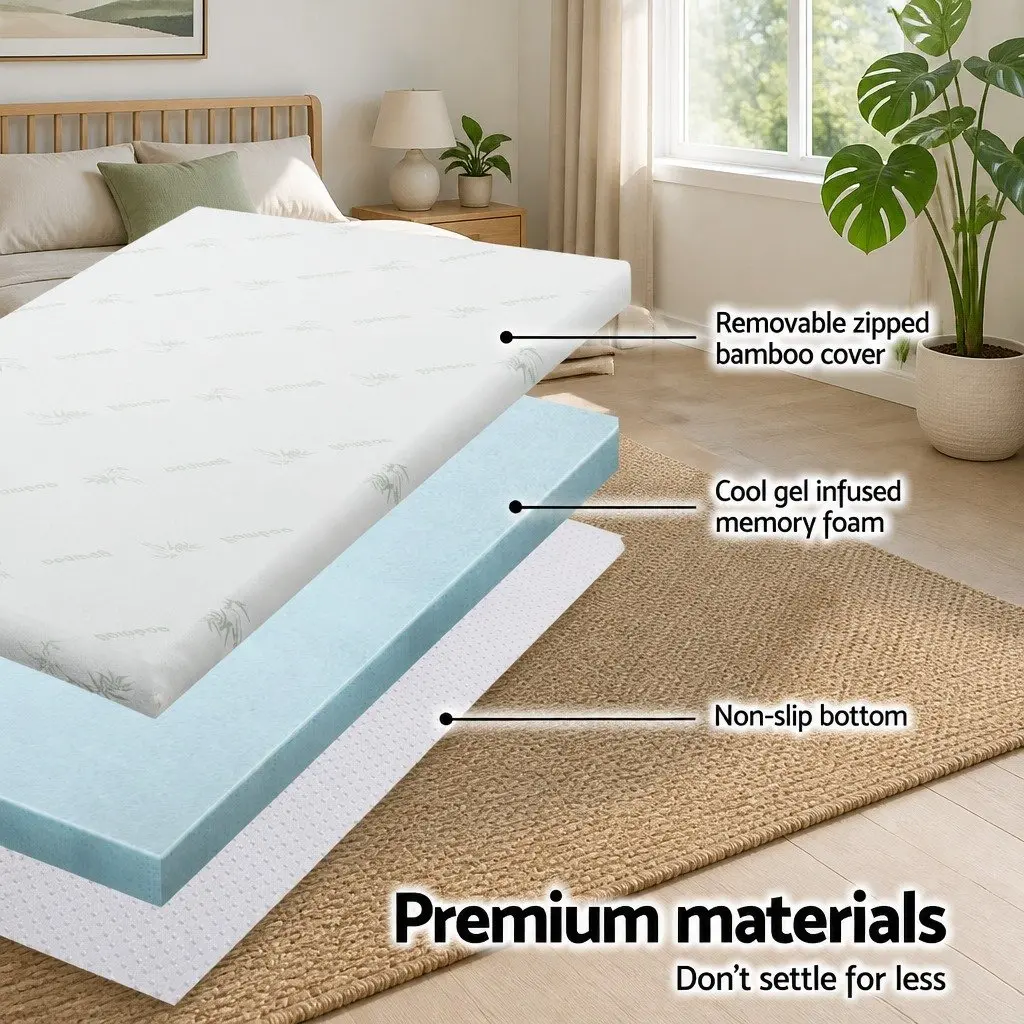 Memory Foam Mattress Topper 10cm Cool Gel Double Bed Mat Bamboo Cover Blue