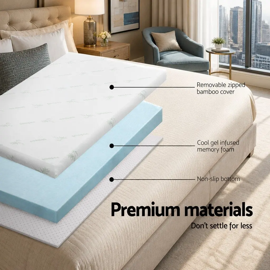 Memory Foam Mattress Topper Gel Infused Double Bed 5cm Pressure Relief Bamboo Cover