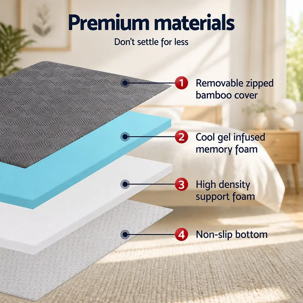 Memory Foam Mattress Topper Dual Layer Gel 8cm Bamboo Cover King Single Grey
