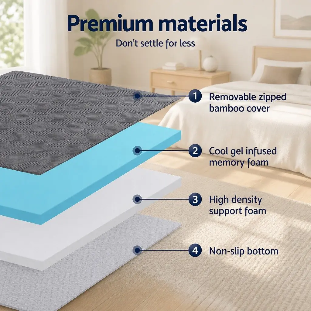 Memory Foam Mattress Topper Dual Layer 8cm Gel Bamboo Cover Double Bed